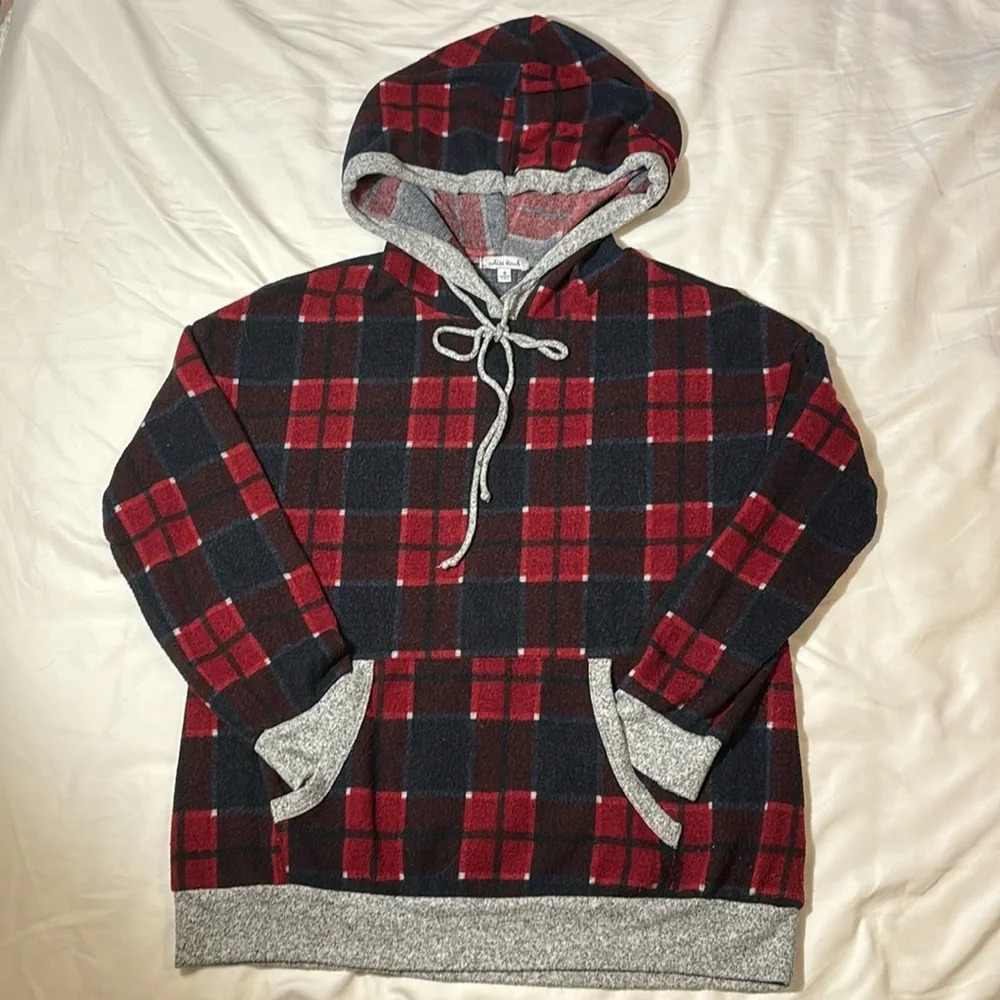 White Birch Red and Blue Plaid Hooded Sweater Hoodie size Small